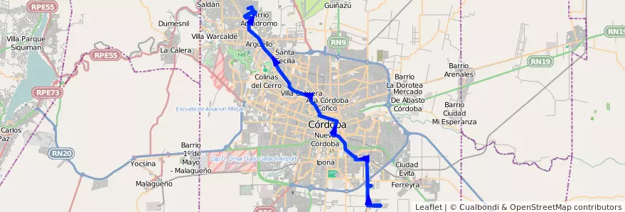 Mapa del recorrido 2 de la línea N (Naranja) en Municipio de Córdoba.