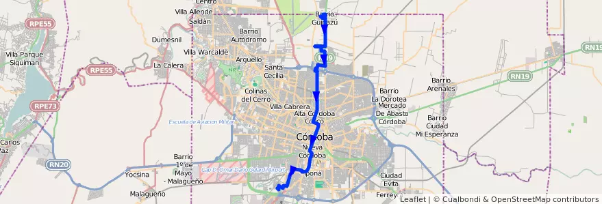 Mapa del recorrido 2 de la línea R (Rojo) en Municipio de Córdoba.