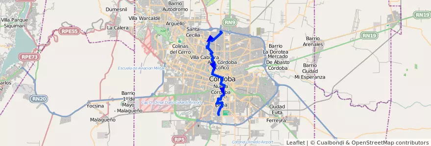 Mapa del recorrido 2 de la línea A (Azul) en Municipio de Córdoba.