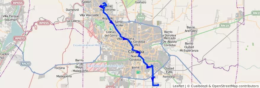 Mapa del recorrido 2 de la línea N (Naranja) en Municipio de Córdoba.