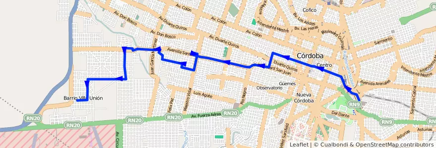 Mapa del recorrido 2 de la línea V (Verde) en Municipio de Córdoba.