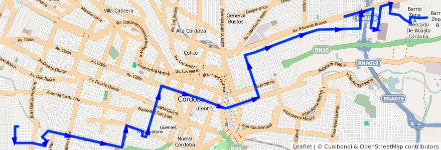 Mapa del recorrido 2 de la línea C (Amarillo) en Municipio de Córdoba.