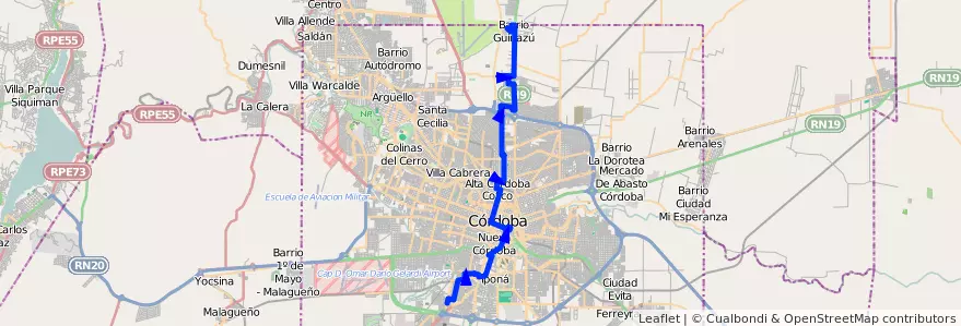 Mapa del recorrido 2 de la línea R (Rojo) en Municipio de Córdoba.