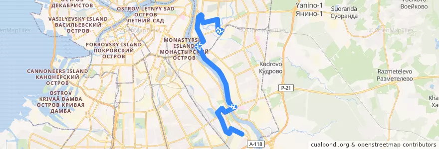 Mapa del recorrido Автобус № 5: станция метро "Ладожская" => улица Грибакиных de la línea  en Санкт-Петербург.