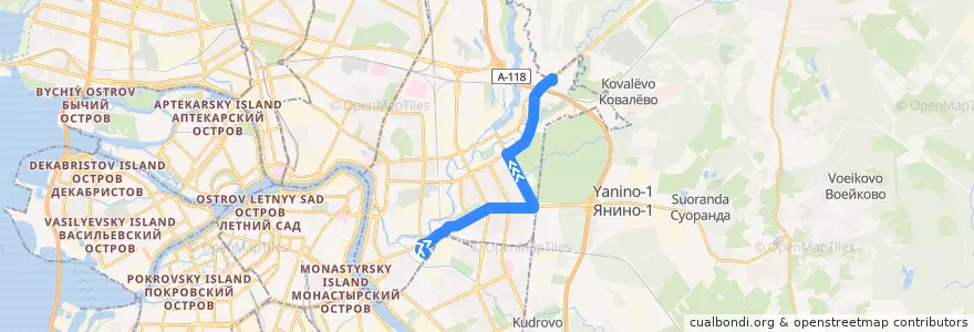 Mapa del recorrido Автобус № 30: станция метро «Ладожская» => Рябовское шоссе, 117 de la línea  en Красногвардейский район.