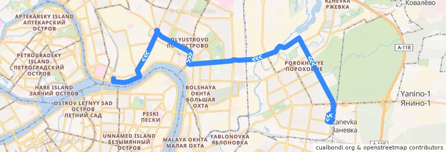Mapa del recorrido Автобус № 37: Белорусская улица => Финляндский вокзал de la línea  en San Pietroburgo.