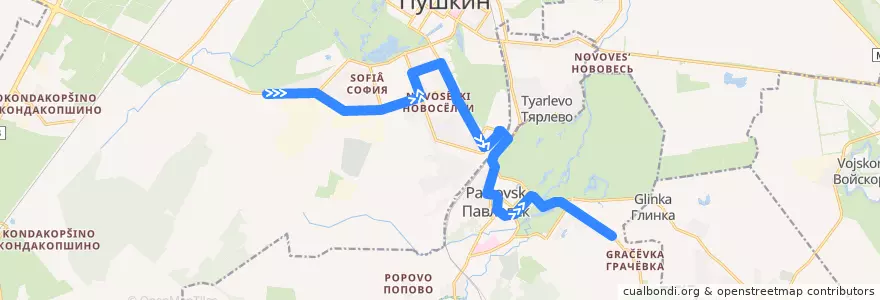 Mapa del recorrido Автобус № 372: Пушкин, Красносельское шоссе => Павловск, Звериницкая улица de la línea  en Пушкинский район.