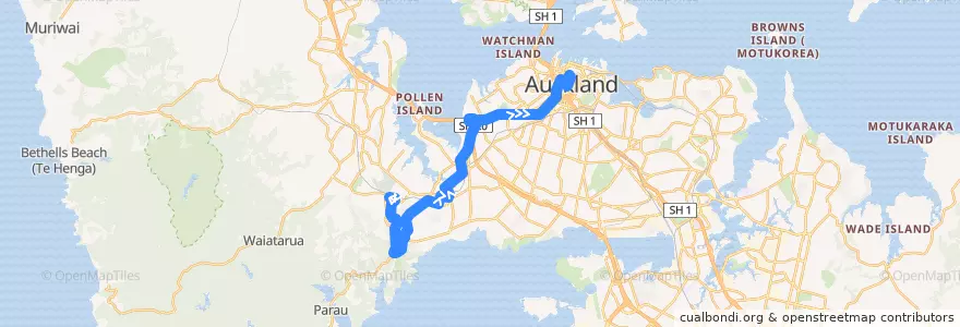 Mapa del recorrido Glen Eden to City Centre via Titirandu and New Lynn Express de la línea  en Auckland.