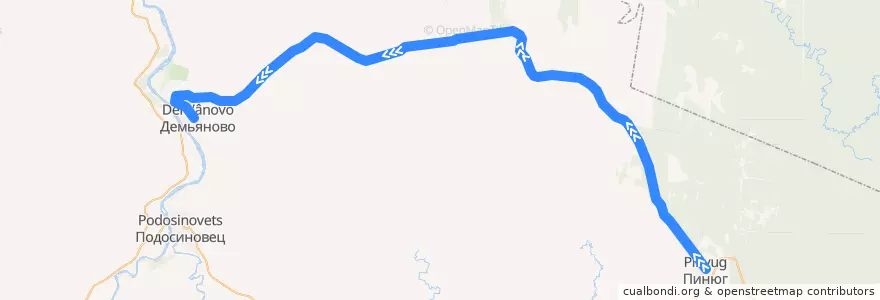 Mapa del recorrido Пинюг - Подосиновец de la línea  en Подосиновский район.