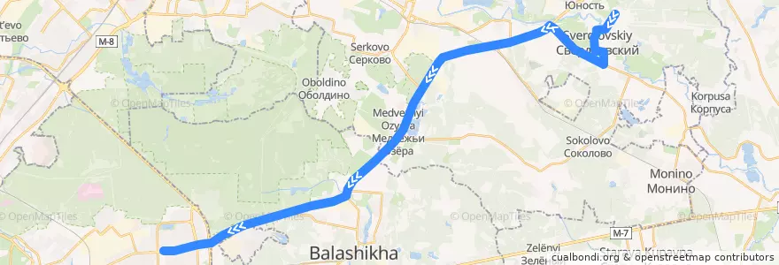 Mapa del recorrido Автобус 371: Свердловский (магазин №3) => Москва (метро «Щёлковская») de la línea  en Oblast Moskou.
