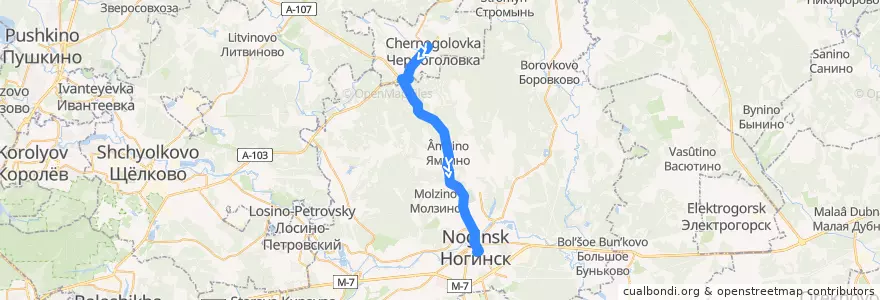 Mapa del recorrido Автобус 24э: Черноголовка — Ногинск de la línea  en Oblast Moskou.