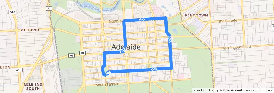Mapa del recorrido 99C - City clockwise loop via Town Hall, Rundle Mall, State Library & Museums, Royal Adelaide Hospital and Adelaide Central Market de la línea  en Adelaide City Council.