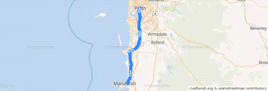 Mapa del recorrido Mandurah Line de la línea  en Austrália Ocidental.
