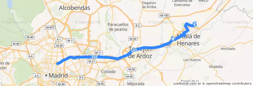Mapa del recorrido Bus 227: Alcalá de Henares (Espartales-Universidad) → Madrid (Avenida de América) de la línea  en Área metropolitana de Madrid y Corredor del Henares.