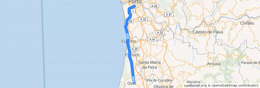 Mapa del recorrido Ovar - Gaia (Linha do Norte, Lisboa - Porto) - Linha 1 de la línea  en 葡萄牙.
