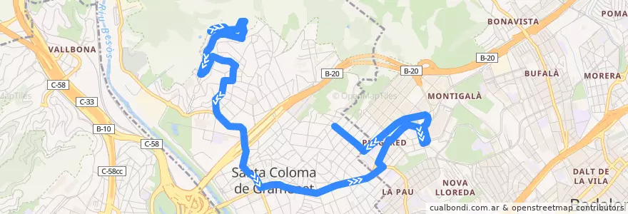 Mapa del recorrido B80 Santa Coloma de Gramenet Can Franquesa - Santa Eulàlia de la línea  en Барселонес.