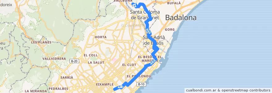 Mapa del recorrido B20 Santa Coloma de Gramenet Oliveres - Barcelona Ronda de Sant Pere de la línea  en バルサルネス.
