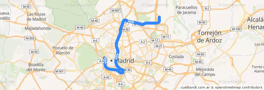 Mapa del recorrido C-1. Príncipe Pío → Atocha → Chamartín → Aeropuerto T4 de la línea  en مدريد.
