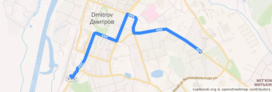 Mapa del recorrido Автобус №10: улица Космонавтов - Вокзал Дмитров de la línea  en Дмитровский городской округ.