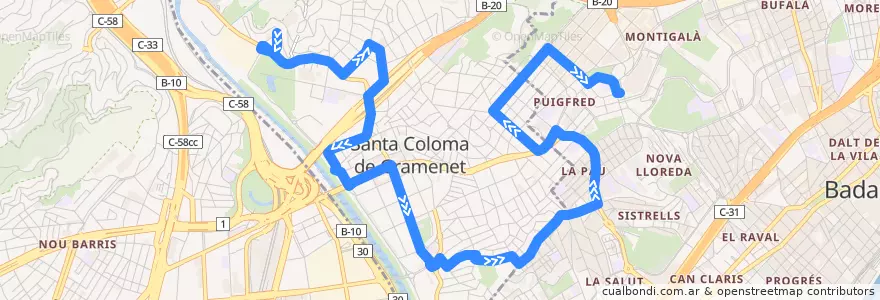 Mapa del recorrido B15 STA. COLOMA DE G. (LES OLIVERES) - BADALONA (MONTIGALÀ) de la línea  en Barcelonès.