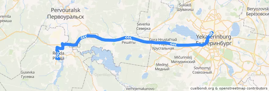 Mapa del recorrido Автобус 151. Екатеринбург - Ревда de la línea  en Oblast de Sverdlovsk.