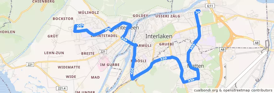 Mapa del recorrido Bus 104: Stadtfeld => Interlaken Ost (Sonntag) de la línea  en Verwaltungskreis Interlaken-Oberhasli.