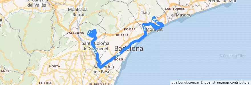 Mapa del recorrido M30 Santa Coloma de Gramenet Can Franquesa - Tiana La Virreina de la línea  en Барселона.