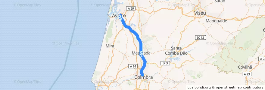 Mapa del recorrido Aveiro > Coimbra (Linha do Norte, Porto > Lisboa) - Linha 2 de la línea  en Centre.