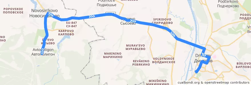 Mapa del recorrido Автобус №41: Автополигон - Дмитров de la línea  en Дмитровский городской округ.