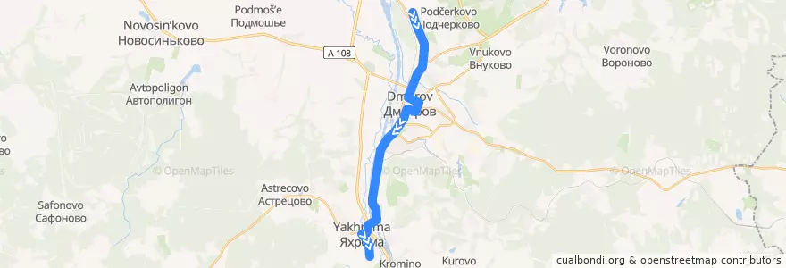 Mapa del recorrido Автобус №38: Дмитров (завод ТПИ) – Яхрома (ул. Ленина) de la línea  en Dmitrovsky District.