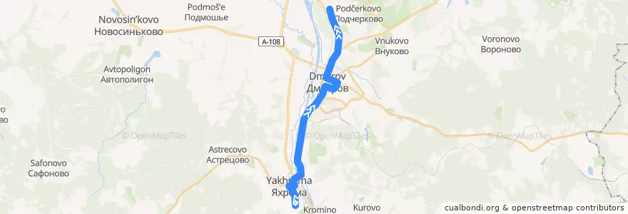 Mapa del recorrido Автобус №38: Яхрома (улица Ленина) - Дмитров (завод ТПИ) de la línea  en Дмитровский городской округ.