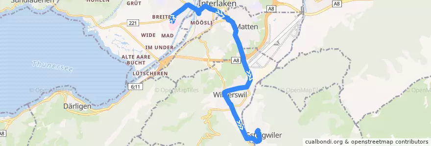 Mapa del recorrido Bus 105: Unterseen, Spital => Gsteigwiler, Dorf de la línea  en Verwaltungskreis Interlaken-Oberhasli.