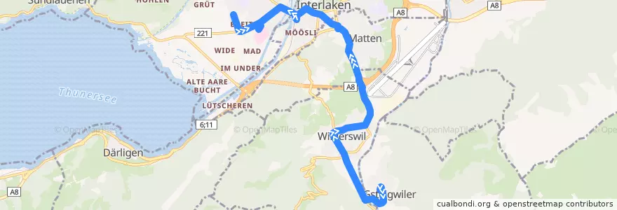 Mapa del recorrido Bus 105: Gsteigwiler, Dorf => Unterseen, Spital de la línea  en Verwaltungskreis Interlaken-Oberhasli.