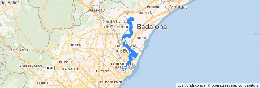 Mapa del recorrido B23 BARCELONA (DIAGONAL MAR) - BADALONA (MONTIGALÀ) de la línea  en Барселонес.