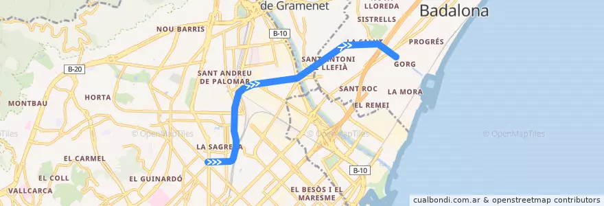 Mapa del recorrido L10: La Sagrera => Gorg de la línea  en Barcelonès.