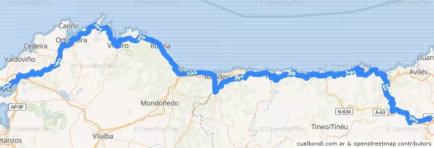 Mapa del recorrido Regional Ferrol - Oviedo de la línea  en İspanya.