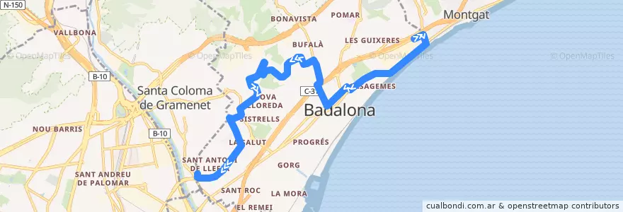 Mapa del recorrido B2 BADALONA (MANRESÀ - HOSPITAL ESPERIT SANT) de la línea  en Badalona.