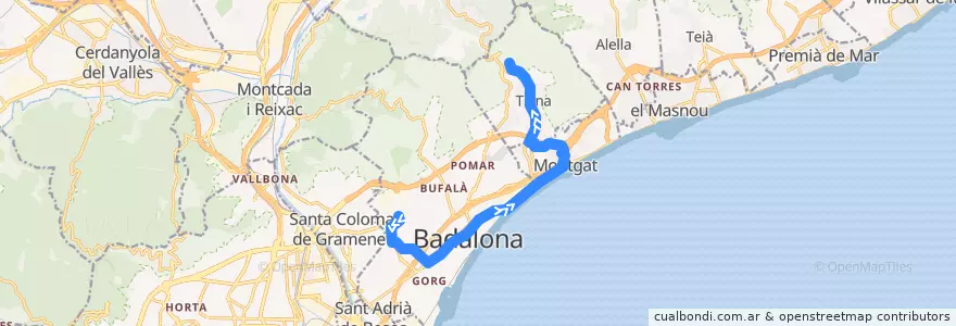 Mapa del recorrido B29 Badalona Montigalà - Tiana Poliesportiu de la línea  en Barcelona.