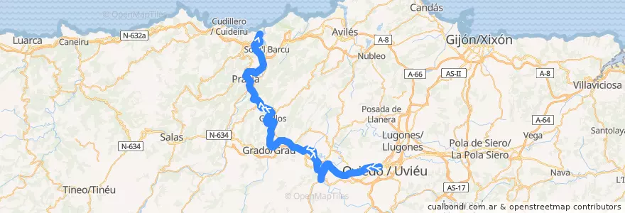 Mapa del recorrido Línea F7 Oviedo - San Esteban de Pravia de la línea  en Asturies.