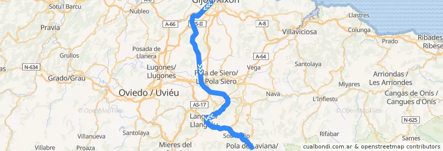 Mapa del recorrido Línea F5 Gijon-Laviana de la línea  en Asturies.