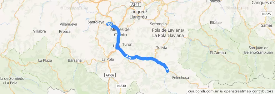 Mapa del recorrido Línea F8 Caudal - Aller de la línea  en Astúrias.