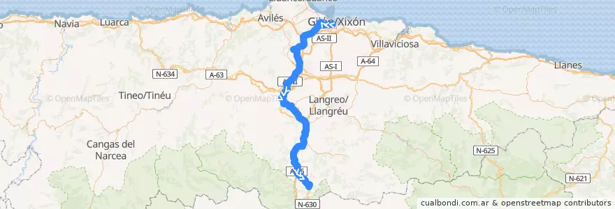 Mapa del recorrido Línea C1 Gijon - Puente de los Fierros de la línea  en Asturies.