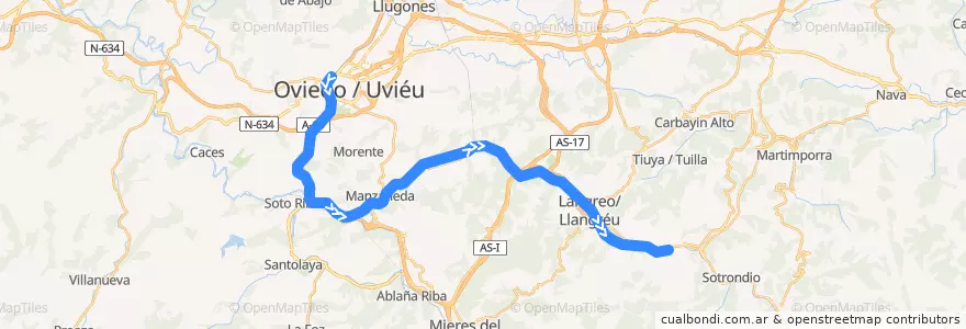Mapa del recorrido Línea C2 Oviedo - El Entrego de la línea  en Astúrias.