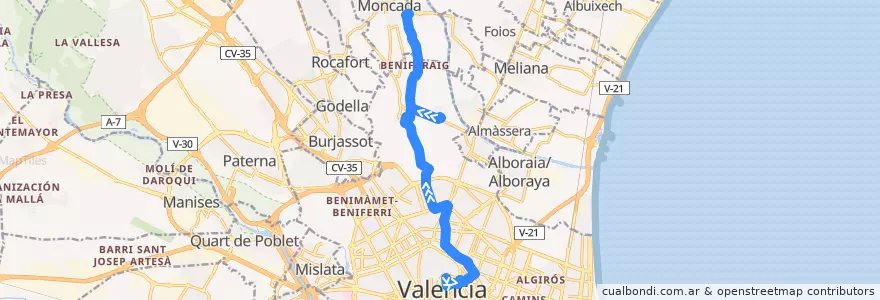 Mapa del recorrido Bus 26: Poeta Querol => Moncada/Alfara de la línea  en Comarca de València.