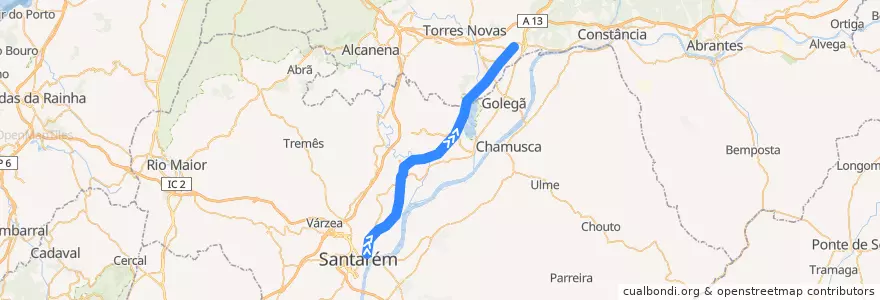 Mapa del recorrido Santarém > Entroncamento (Linha do Norte, Lisboa > Porto) - Linha 1 de la línea  en Santarém.