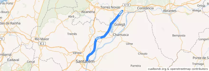 Mapa del recorrido Entroncamento > Santarém (Linha do Norte, Porto > Lisboa) - Linha 2 de la línea  en Santarém.