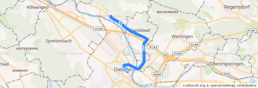 Mapa del recorrido Bus 301: Dietikon, Bahnhof → Oetwil an der Limmat, Post de la línea  en Bezirk Dietikon.