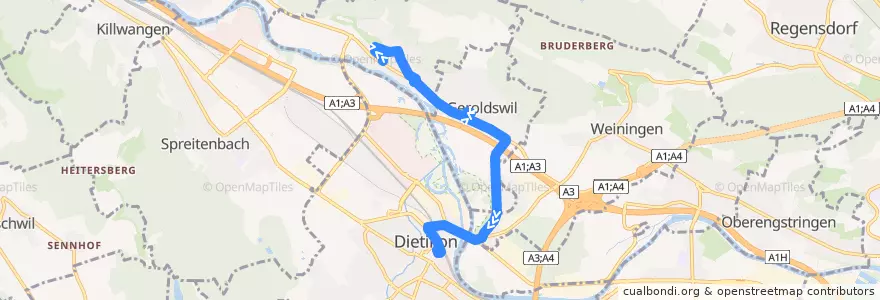 Mapa del recorrido Bus 301: Oetwil an der Limmat, Post → Dietikon, Bahnhof de la línea  en Bezirk Dietikon.