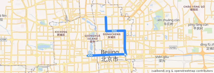 Mapa del recorrido Bus 90: 地铁北土城站 => 鼓楼 => 王府井 => 地铁北土城站 de la línea  en 东城区.