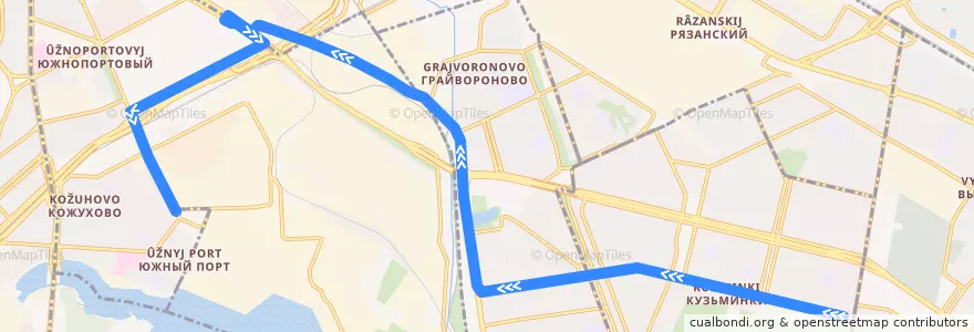 Mapa del recorrido Автобус Т38: Ветеринарная академия - Метро Кожуховская de la línea  en South-Eastern Administrative Okrug.